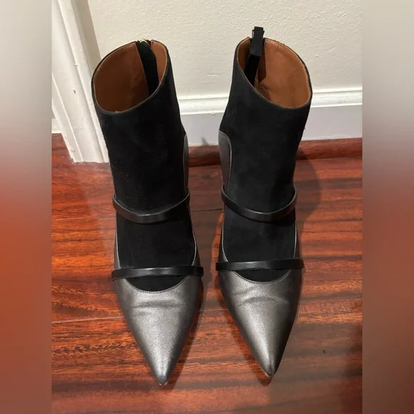 Malone Souliers Pointed Toe Black Suede and Silver Leather Ankle Boots - Picture 2 of 9